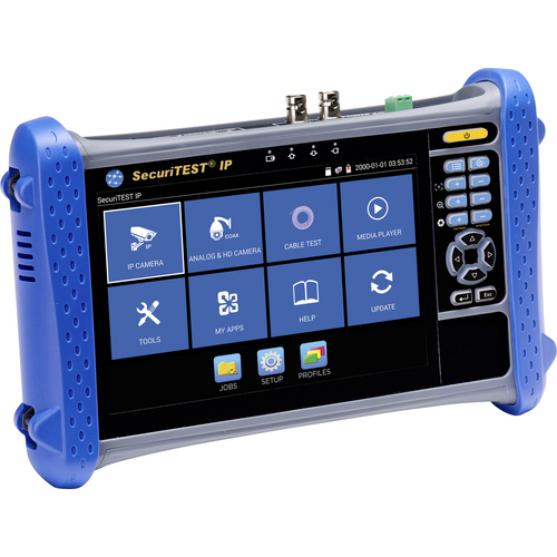 Tragbares Prüfgerät für Kameras und Netzwerke mit Touchscreen, verschiedenen Testfunktionen und Bedientasten, geeignet für technische Diagnosen.